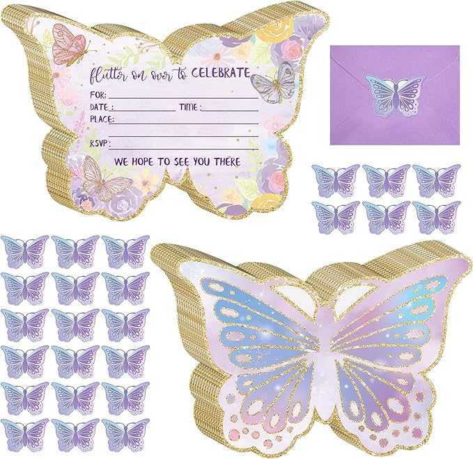 Hotop 24 Sets Butterfly Birthday Invitations with Envelopes and Stickers for Girls Party Invitations for Kids Birthday Baby Shower Party