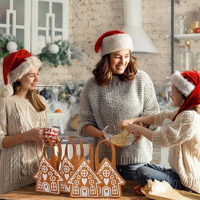 SilTriangle 24 Pcs Christmas Non-woven Gingerbread Bag Party Gift Gingerbread House Shaped Favors with Handles Tote Treat Goodie Candy Bags for Xmas Theme Party Reusable Supplies