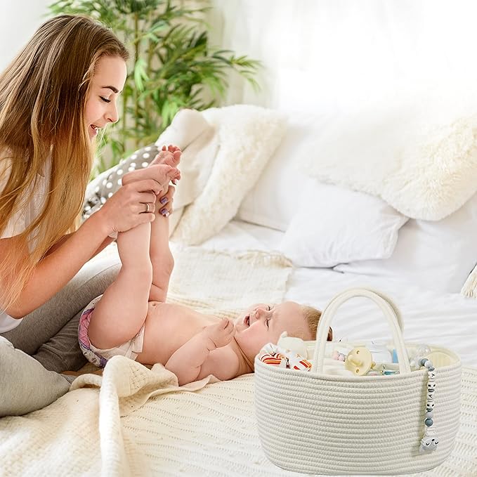 Large Baby Diaper Caddy Organizer for Girl Boy Rope Nursery Storage Bin Basket Portable Holder Tote Bag for Changing Table Car Travel Baby Shower Gifts Newborn Essentials Registry Must Haves White