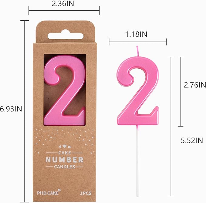 PHD CAKE 2.76 Inch Modern Pink 2 Number Birthday Candles, Pink Number Candles, Cake Number Candles, Party Celebration