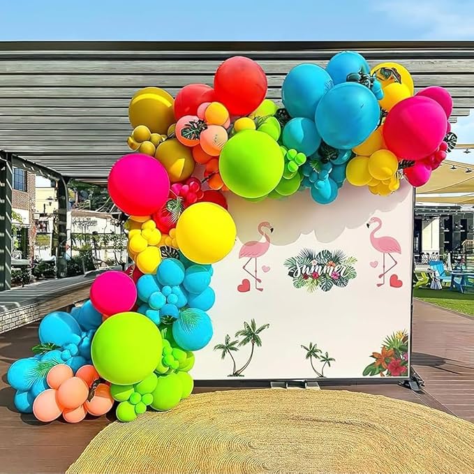 Tropical Balloons Arch kit, 131Pcs Hawaiian Summer Party Balloons Different Size with Hot Pink Green Orange Yellow Teal Blue for Tropical Hawaiian Party Decorations