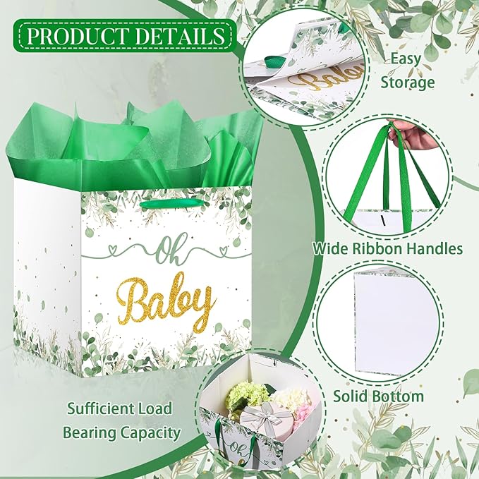 11.8" Extra Large Gift Bag Sage Green Square Giant Gift Bag with Handles and Tissue Paper Eucalyptus Oh Baby Wrapping Paper Bag for Baby Shower Birthday Newborn Gender Reveal Party Supplies