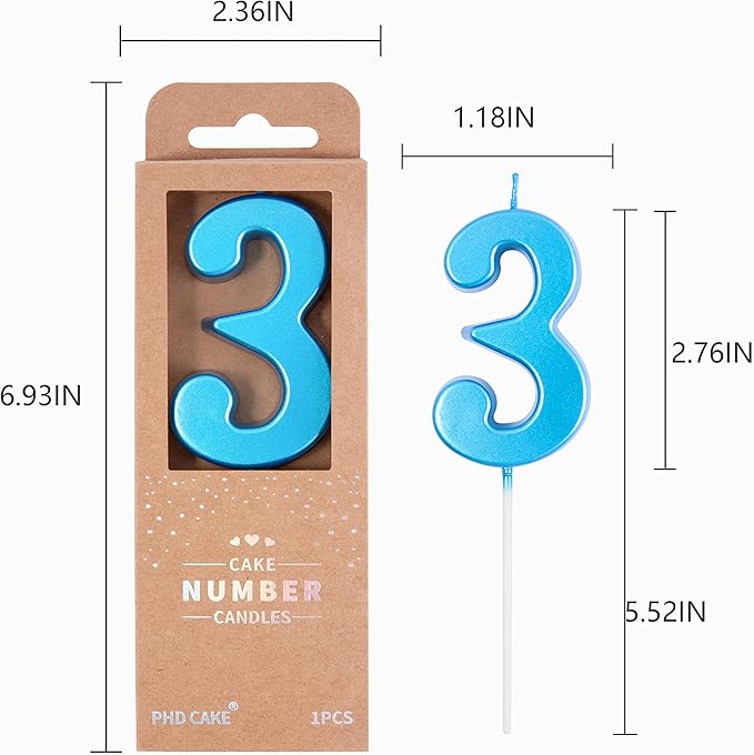PHD CAKE 2.76 Inch Modern Blue 3 Number Birthday Candles, Blue Number Candles, Cake Number Candles, Party Celebration