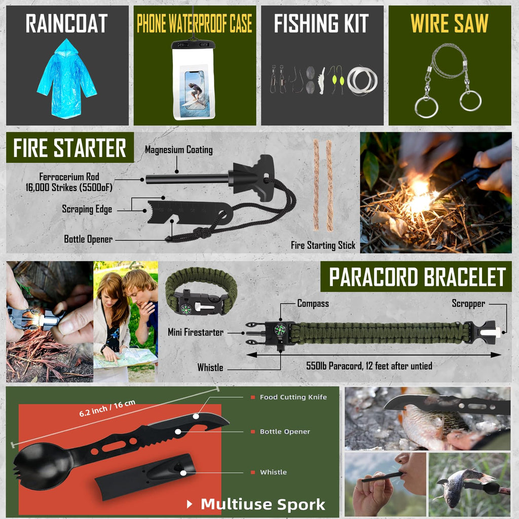 Survival Kit, 268 Pcs Emergency Survival Gear and Equipment Supplies with First Aid Kit, Camping Axe, Headlamp, Crossbody Bag for Camping Hiking, Hunting, Gift for Christmas Men, Dads, Black