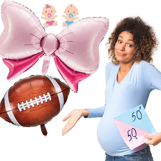 Sumind 12 Pcs Football Gender Reveal Decorations, 31 Inch Pink Bow Balloons 26 Inch Football Foil Balloons Party Favors Supplies Accessories or Gender Reveal Party, Baby Shower, Birthday