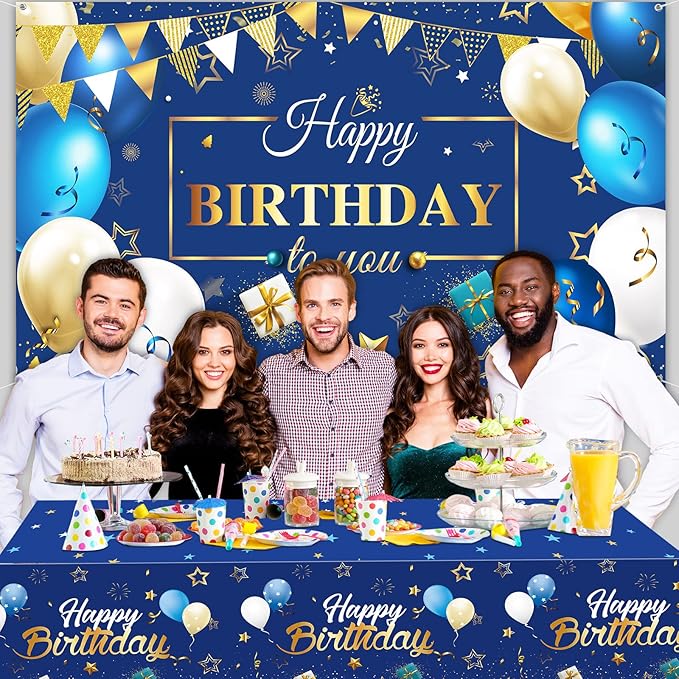 Moukeren Navy Blue and Gold Birthday Party Decorations 56 Pcs Happy Birthday Photography Backdrop Banner Tablecloths Confetti Balloons Kit for Boys Girls Men Women Party Supplies Decor