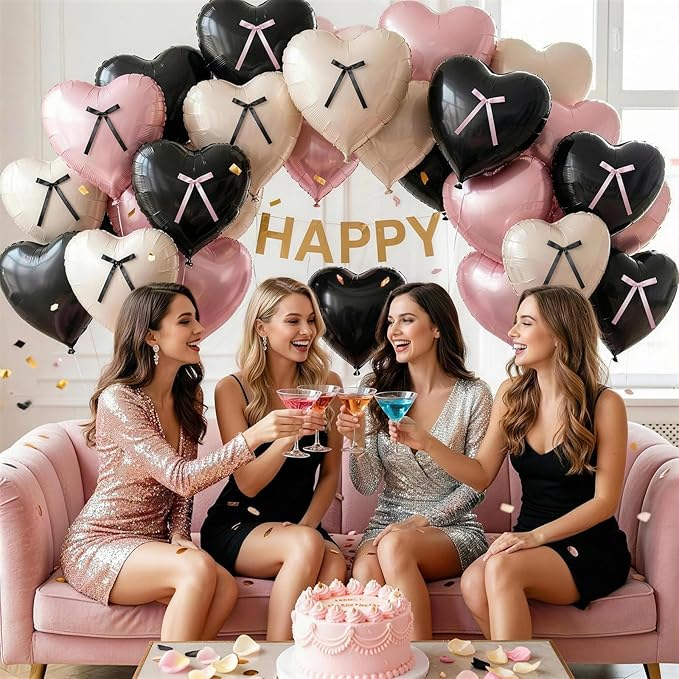 Pink and Black Heart Balloons with Ribbon Bow, 10 Pcs Light Baby Pink Cream Heart Shape Foil Balloons, 18Inch Helium Balloon with Bow Decoration for Girls Women Brithday Baby Shower Bachelorette Party