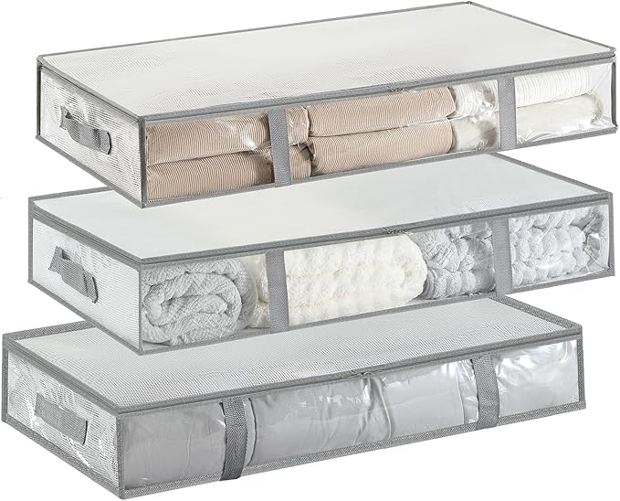 3 Pack Under Bed Storage Bags, Humid-proof Material Plastic Underbed Storage Containers, Blanket/Clothes Storage Bins with Lid, Closet/Bedding Comforter/Sheet Storage and Organizer