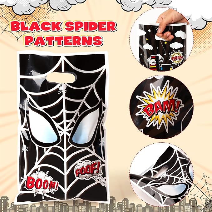 Black Spider Party Favor Bags - 50PCS Black Spider Party Gift Bags for Kids Plastic Goodies Bag with Handles for Spider Theme Parties Supplies Baby Show Birthday Parties Treat Candy Bag