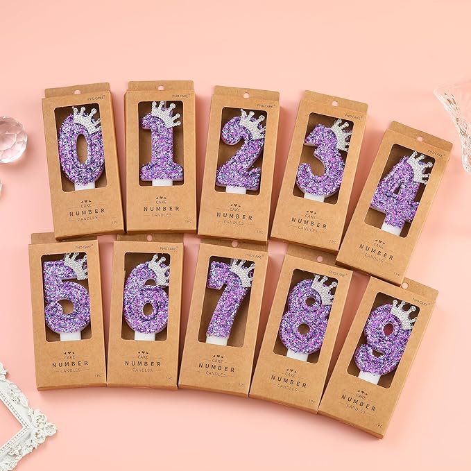 Birthday Number Candles,Purple Crown Birthday Candles for Cake,Glitter Number 8 Candle Cake Topper with Sequins for Anniversary Celebrations Supplies