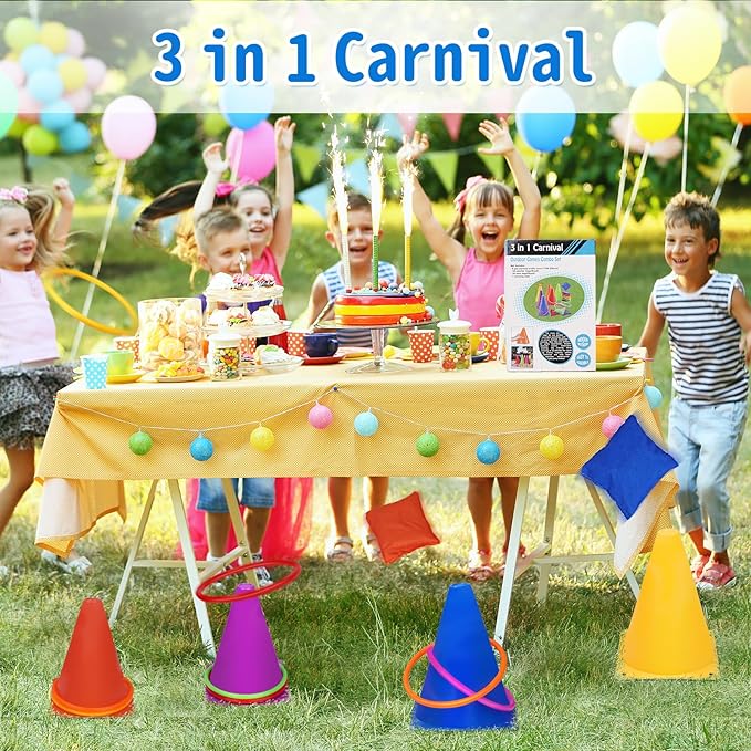 Win SPORTS 3 in 1 Carnival Outdoor Games Combo Set, Soft Plastic Cones Cornhole Bean Bags Ring Toss Games,for Kids Adults Indoor Outdoor Birthday Party Lawn Games Supplies (26 Pieces
