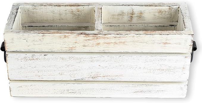 GoCraft 2-Compartment Wooden Caddy with Metal Handles – Rustic Whitewashed Organizer for Flatware, Kitchen Utensils, Office Supplies, Remotes, Makeup, Nightstand Storage, Desk & Home Organization