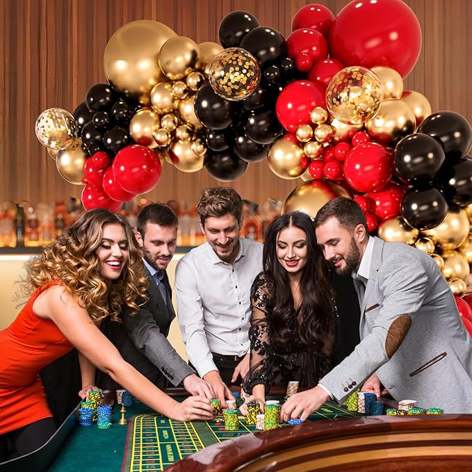 147pcs Red Black Gold Balloons Arch kit, 18 12 10 5 inch Red Black and Gold Balloons Garland for Anniversary Casino Night Hollywood New Years Movie Night Birthday Decorations