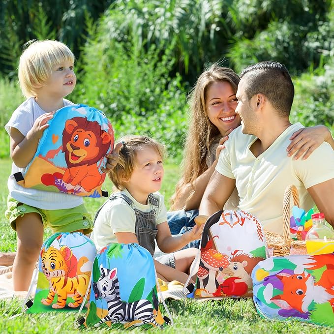 Gerrii 32 Pieces Jungle Animal Drawstring Bags Cartoon Animal Birthday Party Supplies Safari Wildlife Candy Goodie Treat Bags Safari Party Favors Gift for Kids Birthday Boy Girl Holiday Baby Shower