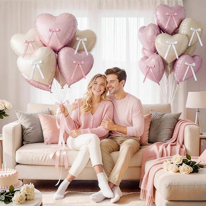 Pink White Heart Balloons with Ribbon Bow, 10 Pcs Baby Pink Cream Heart Shape Foil Balloons, 18In Pastel Nude Light Rosa Helium Balloon with Bow Decor for Girl Baby Shower Women Birthday Bridal Shower