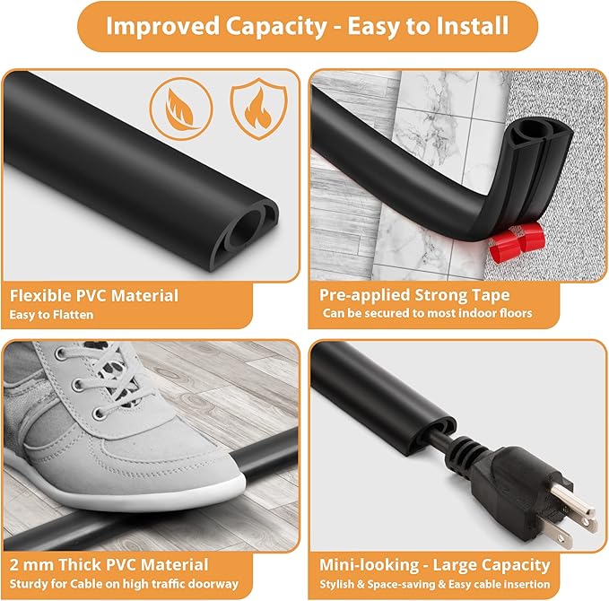 5ft Cord Cover Floor for Extension Cords, Floor Cable Cover, Self-adhesive Wire Cover to Protect Cables & Prevent Tripping, PVC Cord Hider Floor Cord Protector, Internal Channel Diameter: 0.39", Black