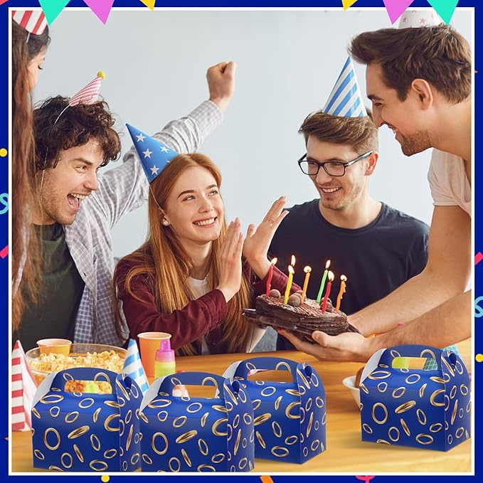 Marspark 24 Pack Blue with Gold Ring Party Favor Treat Boxes with Handles Theme Paper Goodie Candy Gift Gable Boxes for Video Game Birthday Party Decorations(Blue and Golden)