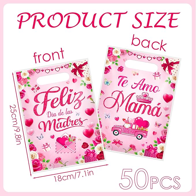 Hokinaa Mothers Day Gift Bags - 50 Pcs Feliz Día de Las Madres Bolsas de Regalo Spanish Happy Pink Floral Flower Large Plastic Goodie Treat Party Favors Snack Candy Bag Bulk with Handles for Women Mom