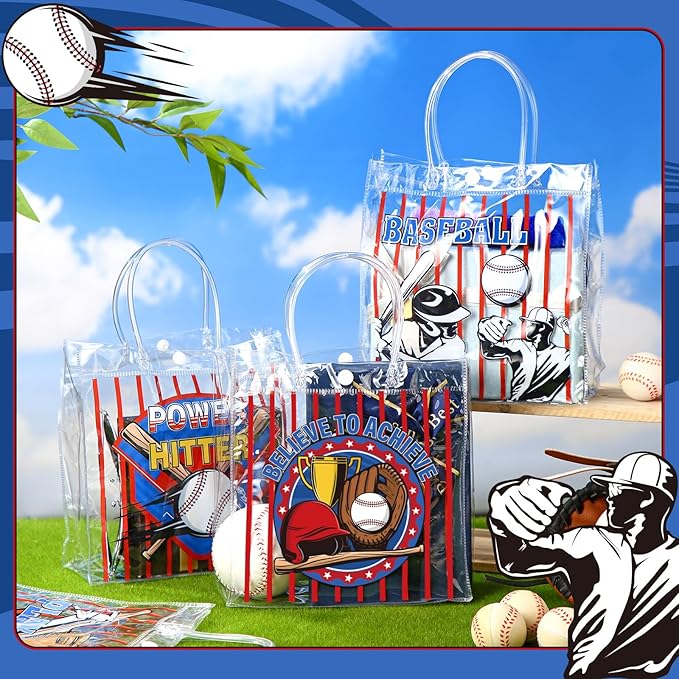 Teenyyou 24 Pcs Baseball Party Favors Bags PVC Clear Goodie Candy Treat Tote Gift Bags with Handles Baseball Theme Birthday Baby Shower Party Supplies