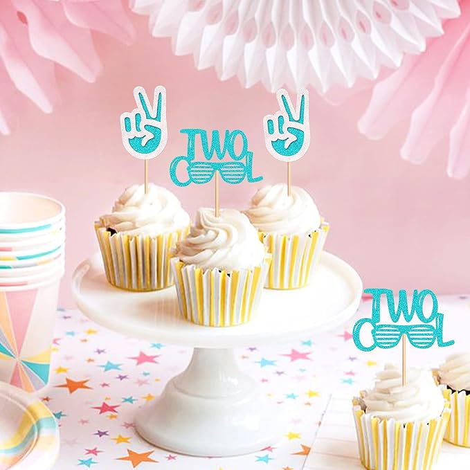 Ercadio 24 Pack Two Cool Cupcake Toppers Glitter Blue Two Cool Happy 2nd Birthday Cake Picks Baby Shower Kids Second Birthday Party Cake Decorations