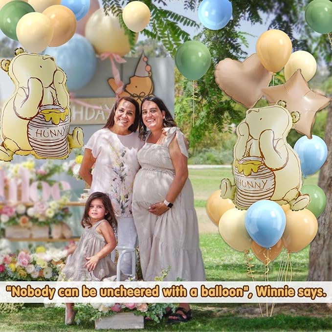 Classic Winnie Bear Baby Shower Birthday Decorations Balloons, 3D Vintage Original Pooh Bear Helium Balloons with Heart Star for Boys Girls Baby Shower Birthday Gender Reveal Large 23Inch