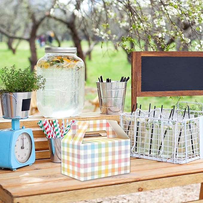 Whaline Gingham Treat Box with Handle 24 Pcs Candy Gable Boxes Spring Easter Goodie Candy Bags Pastel Checkered Plaids Cardboard Gift Box for Birthday Baby Shower Party Favors