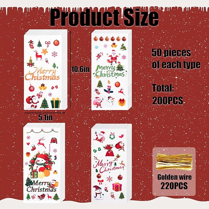 EatnMgan 200Pcs Christmas Cellophane Treat Bags,Cellophane Bags,Santa Claus Goodie Candy,Xmas Party Favors Bags Cellophane Candy bags with 220Pcs Twist Ties for Christmas Party Supplies
