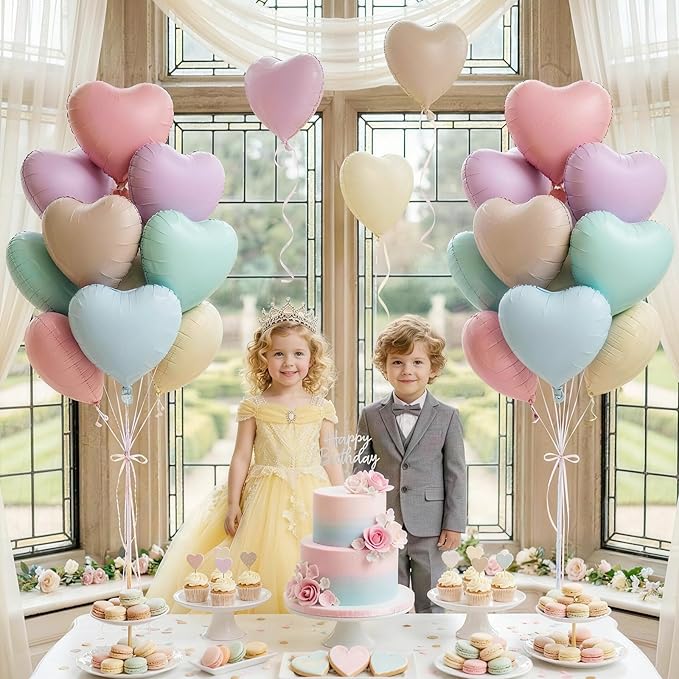 Pastel Heart Balloons, 12 Pcs Rainbow Macaron Pink Blue Green Purple Yellow Apricot Heart Shape Foil Balloon, 18 Inch Pastel Colorful Helium Balloon for Baby Shower Birthday Easter Bridal Shower Party