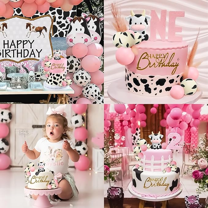 MEMOVAN Cow Cake Topper Farm Cake Topper Decorations with Cows Miniature Figurines Pearl Ball for Girl Cow Farm Theme Baby Shower Birthday Party Supplies-14pcs