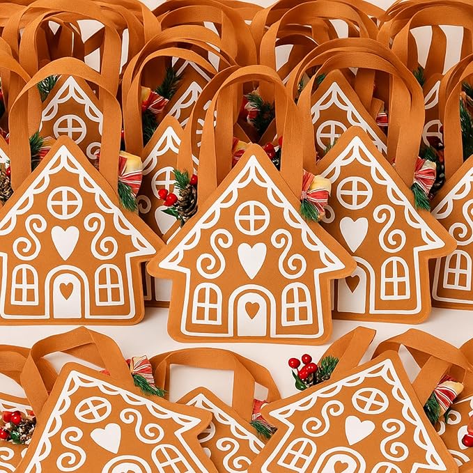 SilTriangle 24 Pcs Christmas Non-woven Gingerbread Bag Party Gift Gingerbread House Shaped Favors with Handles Tote Treat Goodie Candy Bags for Xmas Theme Party Reusable Supplies
