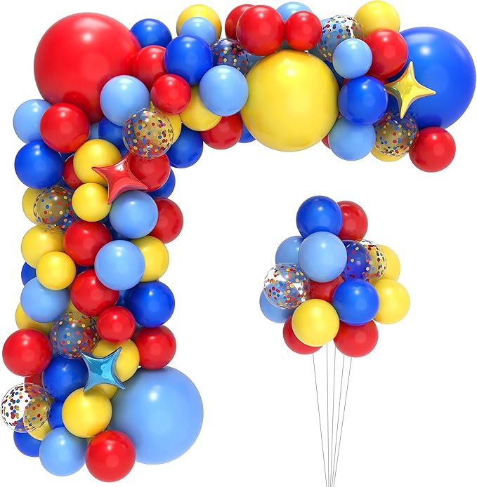 JOYYPOP Carnival Balloon Arch Kit with 123pcs Red Blue Yellow Rainbow Latex Confetti Balloons for Birthday Party Decorations