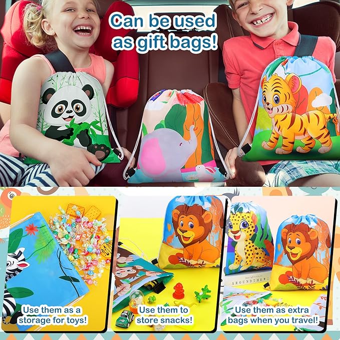 Gerrii 32 Pieces Jungle Animal Drawstring Bags Cartoon Animal Birthday Party Supplies Safari Wildlife Candy Goodie Treat Bags Safari Party Favors Gift for Kids Birthday Boy Girl Holiday Baby Shower