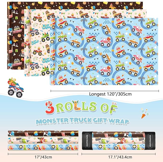 WERNNSAI Monster Truck Wrapping Paper Rolls - 3 Short Rolls 17 in x 120in Monster Jam Truck Birthday Gift Wrapping Paper for KIds Boys Birthday Racing Theme Party Decorative Supply,Beige Blue Brown Gift Papers with Cut Lines