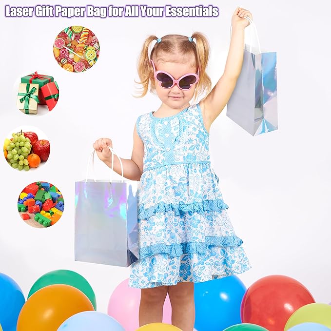 MIMIND 24 Pack Iridescent Paper Gift Bags with Handles Holographic Party Favor Bags with Tissue Paper 8.7 x 6.3 x 3.1 Inch Glitter Silver Foil Goodie Candy Bag for Wedding Birthday Parties