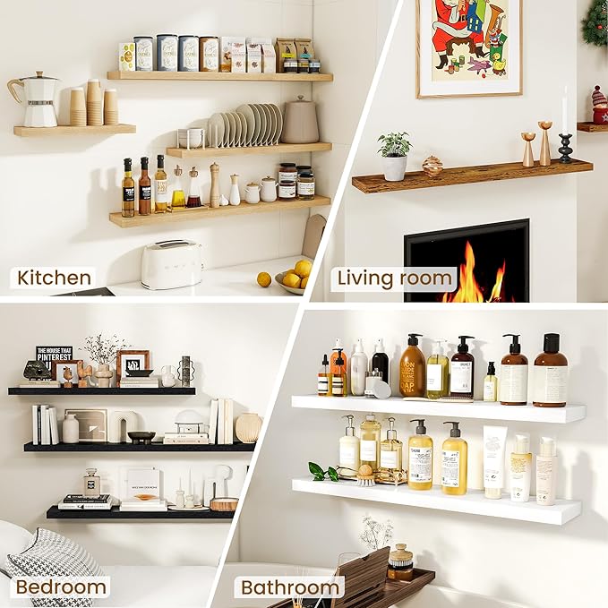 Dreamland Floating Shelves for Wall, Rustic White Floating Shelves for Bathroom|Bedroom|Kitchen, Deep Wall Mounted Book Shelf, Wood Storage Display Shelf for Home Decor, Set of 2