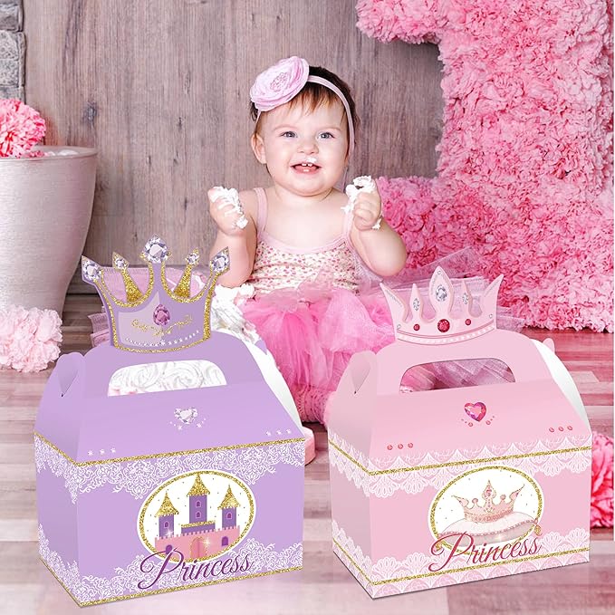 12 Pcs Princess Castle Party Favor Boxes, Little Princess Crown Theme Birthday Party Gift Box, Premium Cardboard Containers with Crown Castle Carriage Prints for Birthday Celebrations