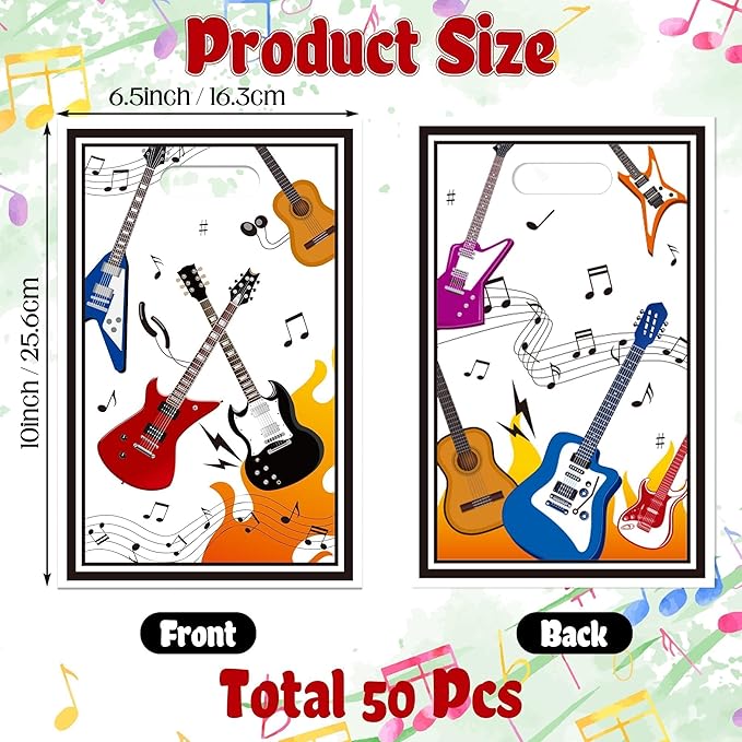 ANGOLIO Music Party Favor Bags - 50 Popular Singer Guitar Gift Bags Die Cut Plastic Candy Snack Goodie Treat with Handle for Boys Girls Birthday Musical Theme Party Anniversary Back to School Supplies