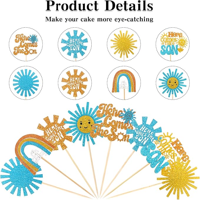 Here Comes the Son Cupcake Toppers, 48 PCS Here Comes the Son Baby Shower Decorations, Glitter Sun Themed Cupcake Party Decorations, Cupcakes Picks Food Picks for Baby Shower Party, Birthday, Wedding