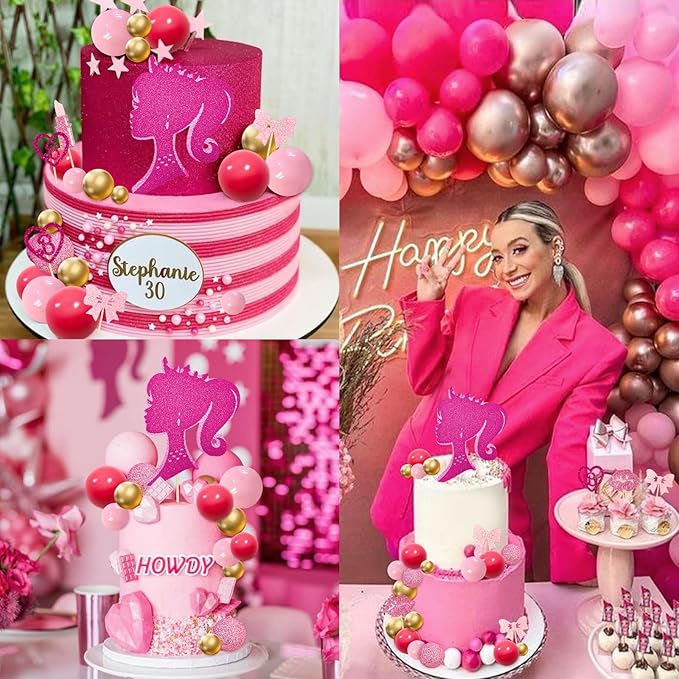 MEMOVAN Hot Pink Girl Cake Topper 31PCS -Princess Makeup Cake Topper Decoration with Pink Gold Ball Glitter High Heel Lipstick Lips Bow Tie for Bachelorette Boho Girl Hot Pink Princess Theme Party