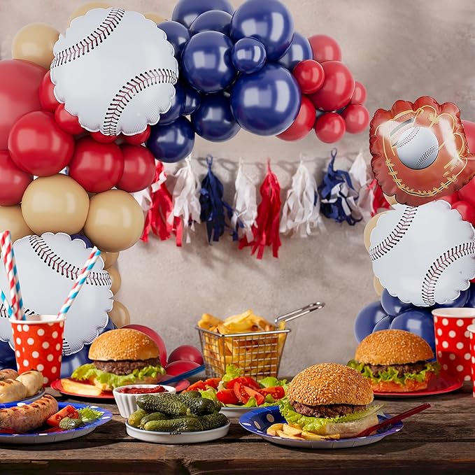 Baseball Balloons Arch Garland Kit-Baseball Glove Balloon Blue Red Nude Balloon 125Pcs for Boy Birthday,Sport Theme,Gender Reveal,Graduation,Baby Shower Party Decorations.