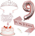 9th Birthday Decorations for Girls, Including Sash, Crown Tiara, Candles, Cake Toppers, 9rd Birthday Gifts for Girls