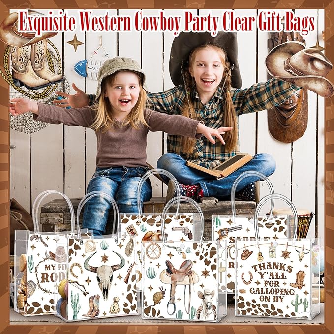 Teenyyou 24 Pcs Western Cowboy Clear Gift Bags Reusable Party Favor Goodie Treat Snack Bag Bulk with Handles PVC Howdy Cowboy Boot Party Supplies for Birthday Bachelorette Baby Shower