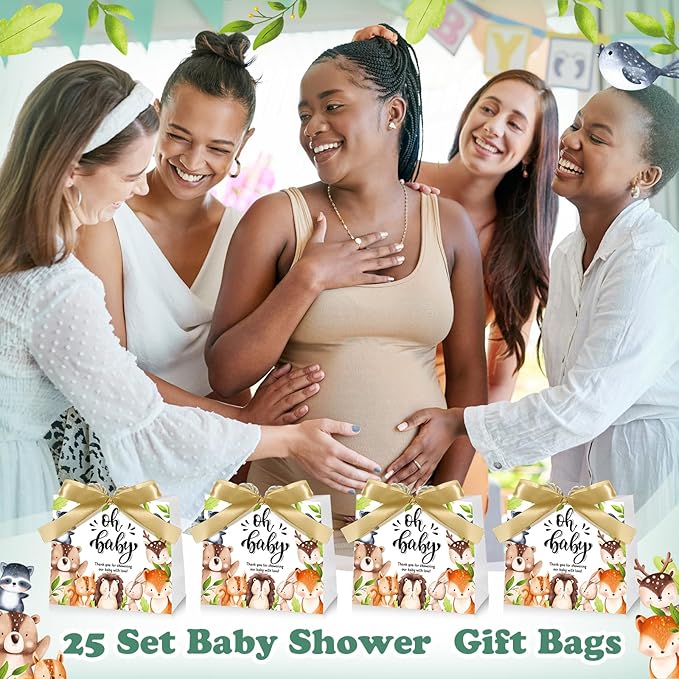 Spakon 25 Sets Woodland Baby Shower Favors Bags Oh Baby Gift Bags with Handle and Bow Ribbon for Newborn Gender Reveal Birthday Party Supplies