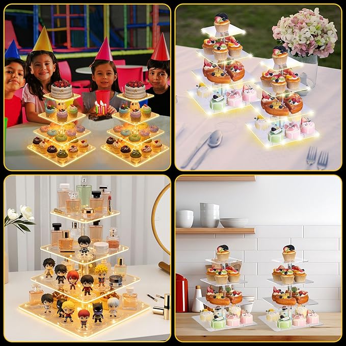 2 Pack 4 Tier Cupcake Stand with LED String Light Acrylic Cupcake Display Stand Clear Dessert Display Holder for Birthday, Wedding, Baby Shower, Party