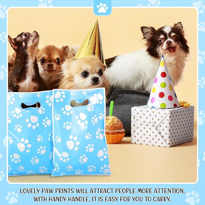 Pasimy 100 Pcs Dog Paw Gift Bags Bulk Pet Paw Puppy Plastic Treat Favor Candy Goodie Bags with Handle for Dog Birthday Party Decoration Supplies(Blue,White)