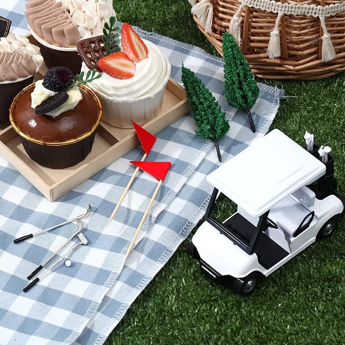 Leitee 21 Pcs Golf Cake Topper Cake Decoration Cupcake Topper Include Mini Cart Red Flag Ball Green Tree Club Sun Umbrella for Golf Themed Birthday(White,Classic)