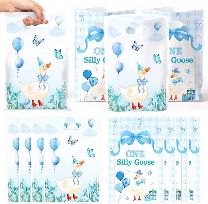 ANGOLIO One Silly Goose Party Favor Bags, 50Pcs Summer Blue Bow Silly Goose Goodie Candy Treat Plastic Gift Bags, Flowers Balloon Themed Party Supplies Birthday Baby Shower Wedding Gifts for Boy Girl