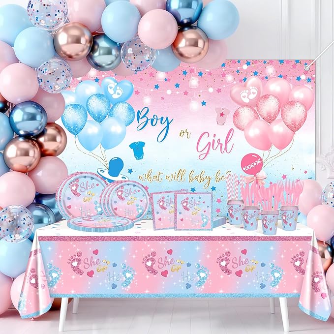 Gender Reveal Decorations 258 PCS Boy or Girl What Will Baby Be Banner He or She Plates Napkins Cups Tablecloth Pink Blue Baby Reveal Balloons Set Gender Reveal Party Supplies Serve 24