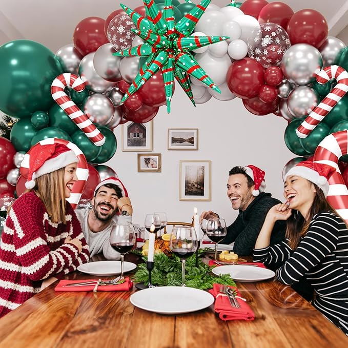 FunHot Christmas Balloon Arch Kit, Xmas Green Red Balloon Garland, Retro Green Dark Red Metallic Silver Confetti Latex Balloons with Candy Cane Xmas Star Foil Balloons for Christmas Party Decorations