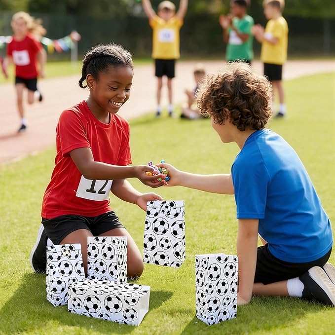 Fowecelt 24 Pack Soccer Gift Bags for Kids Soccer Paper Treat Bags with Stickers Party Favors Goodie Gift Bag Snack Treat Holders for Sports Theme Birthday Party Supplies Decorations